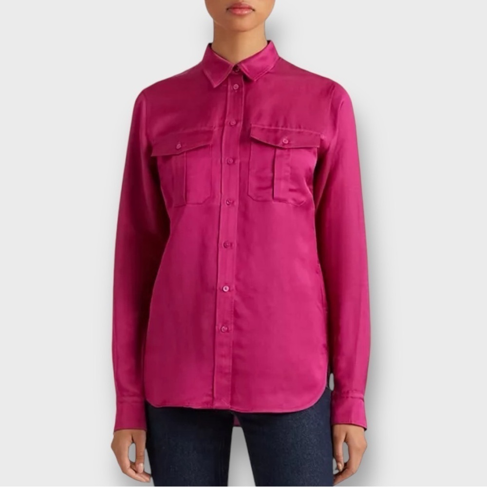 NWT Ralph Lauren Women’s Satin Long Sleeve Shirt Linen Blend Fuchsia Pink Sz XS